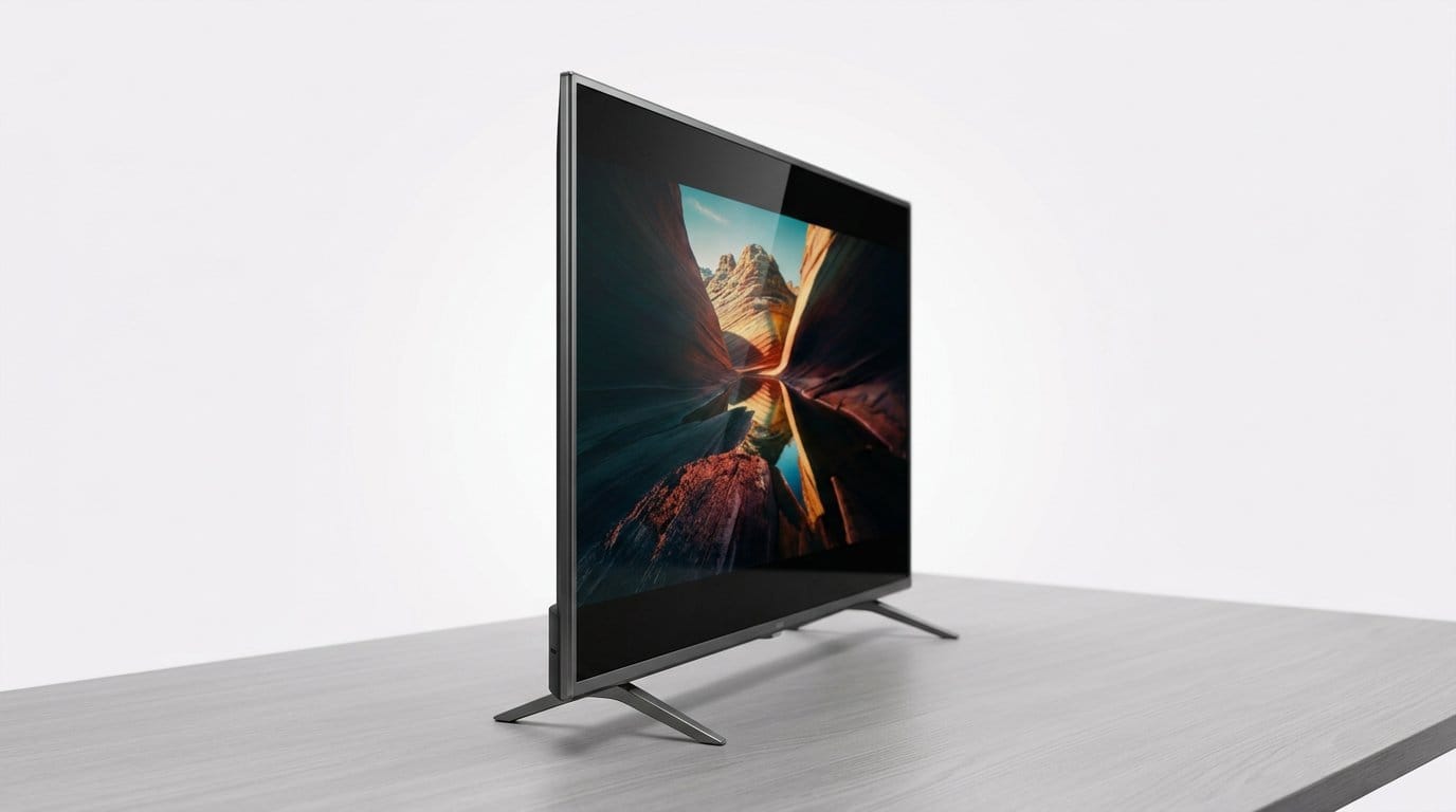 Sleek flat-screen TV with vibrant display on a minimalist table, soft light, featured article image