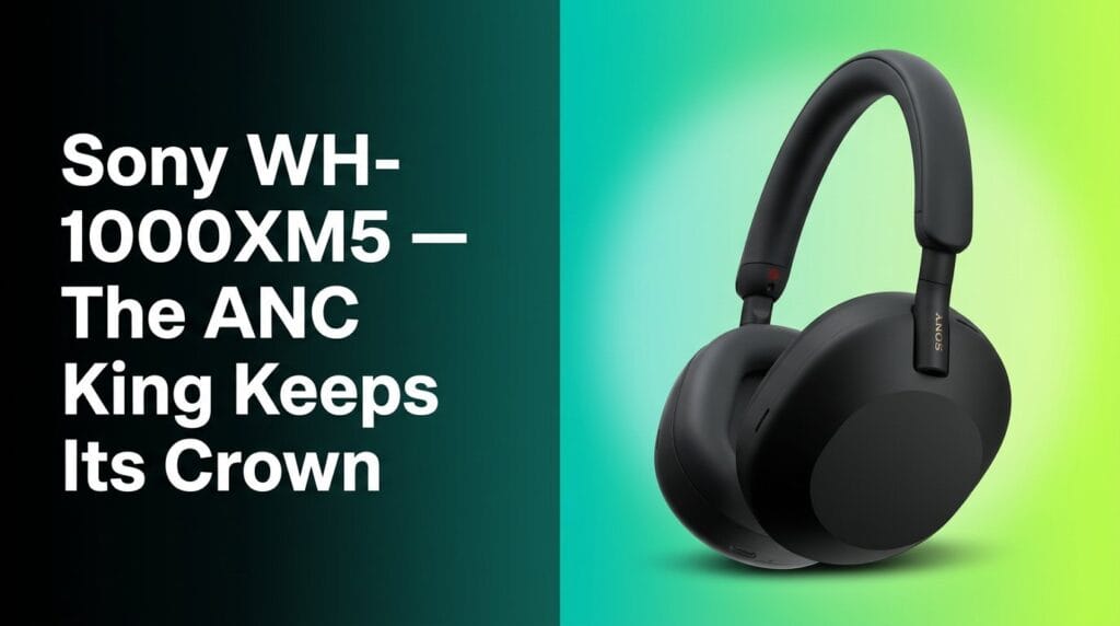 Sony WH-1000XM5 wireless noise-cancelling headphones on a clean desk in soft studio light.