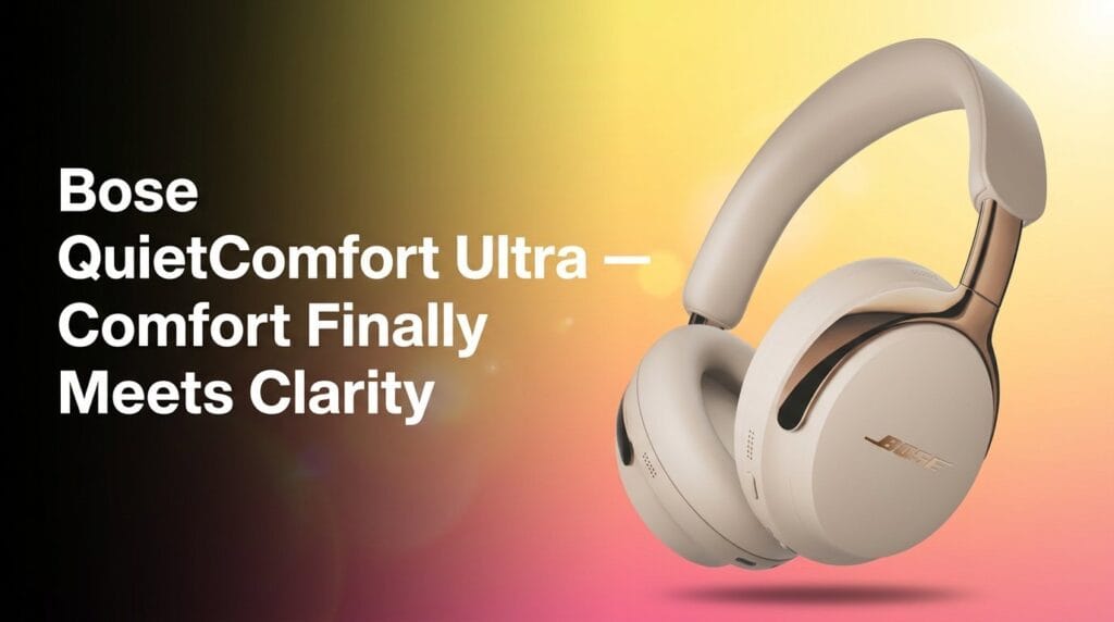 Bose QuietComfort Ultra headphones on a colorful studio backdrop for a product review featured image