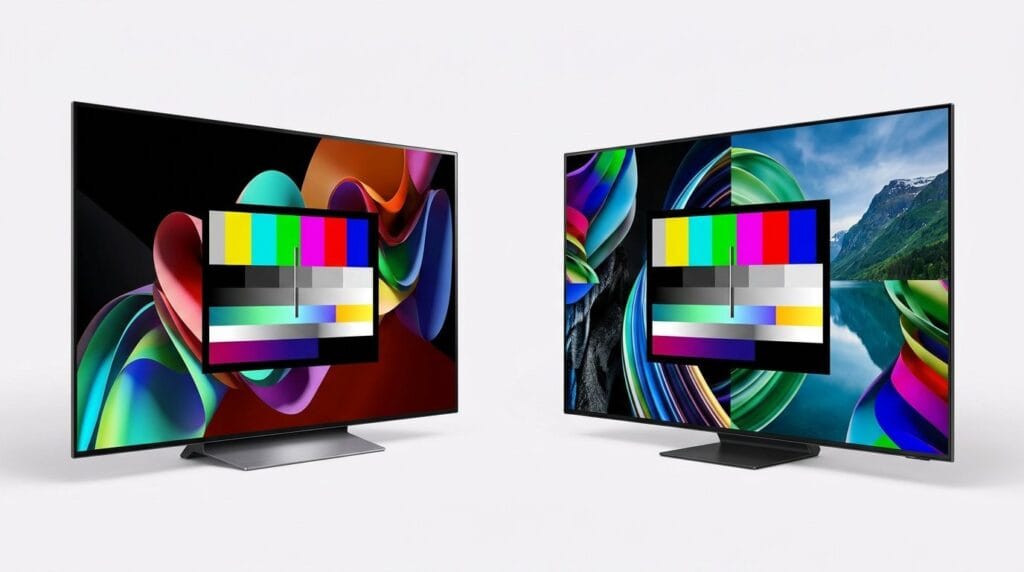Two modern TVs showing colorful test patterns side by side on vibrant backgrounds.