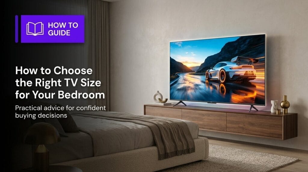 Wall-mounted TV in a modern bedroom displaying a sports car, illustrating the right TV size choice