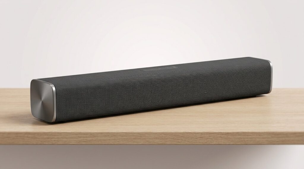 Sleek black soundbar on a wooden surface against a light background.