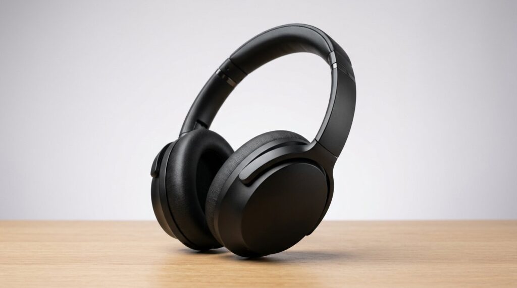Black wireless over-ear headphones on a wooden surface against a plain background