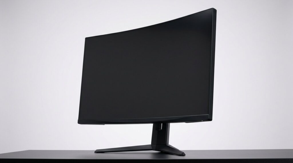 Curved gaming monitor on a black desk against a white background, studio-lit product hero