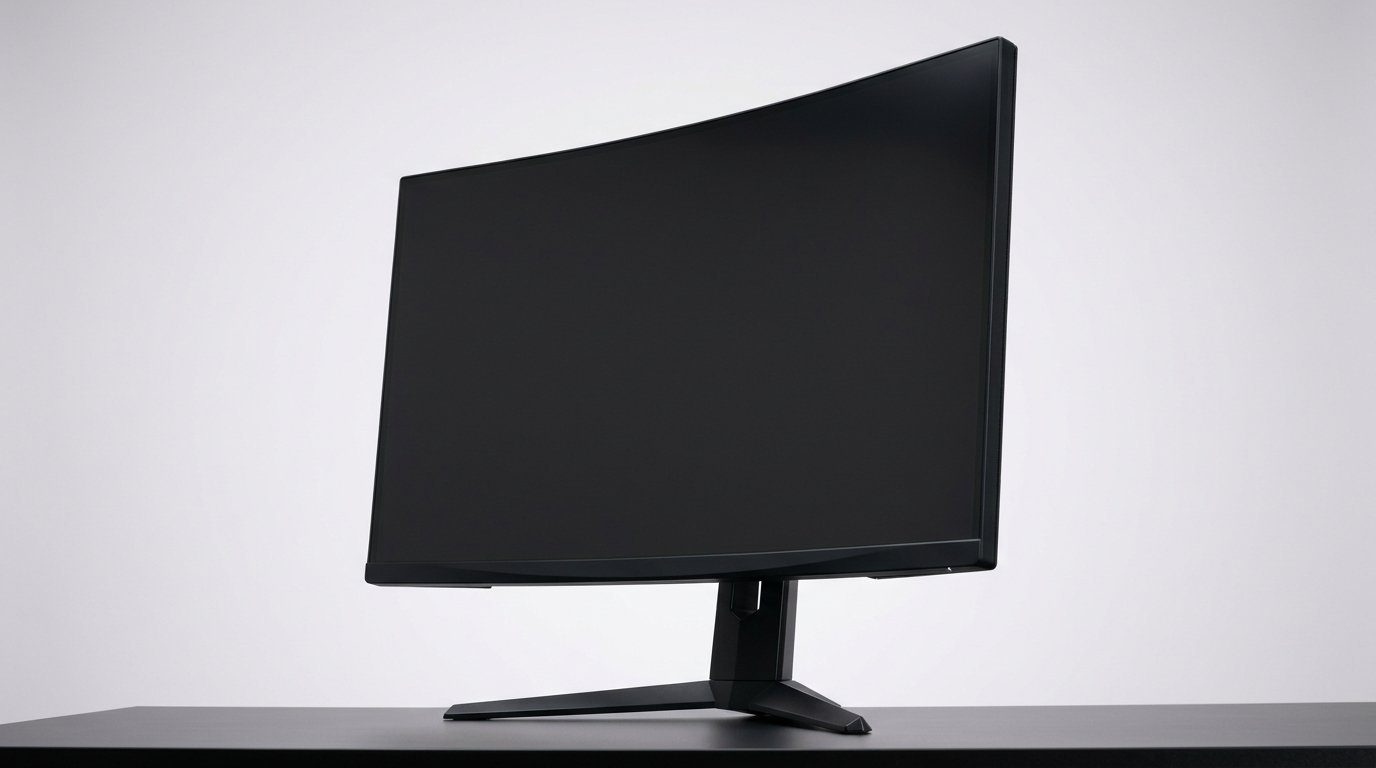 Curved gaming monitor on a black desk against a white background, studio-lit product hero
