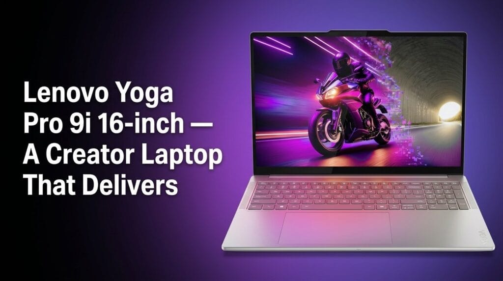 Lenovo Yoga Pro 9i 16-inch laptop on a minimal desk, featured in a product review image.