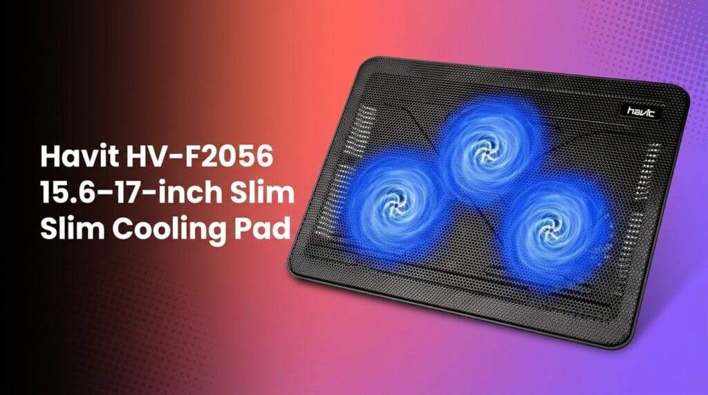 Havit HV-F2056 slim cooling pad with three fans for 15.6–17-inch laptops on a studio backdrop