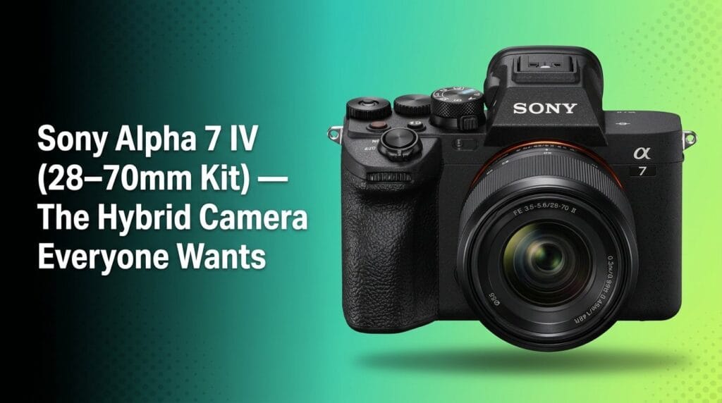 Sony Alpha 7 IV camera with 28–70mm kit lens on a tabletop in soft light