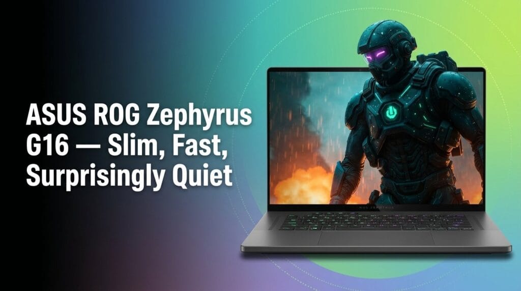 ASUS ROG Zephyrus G16 laptop on a colorful studio backdrop for a product review featured image
