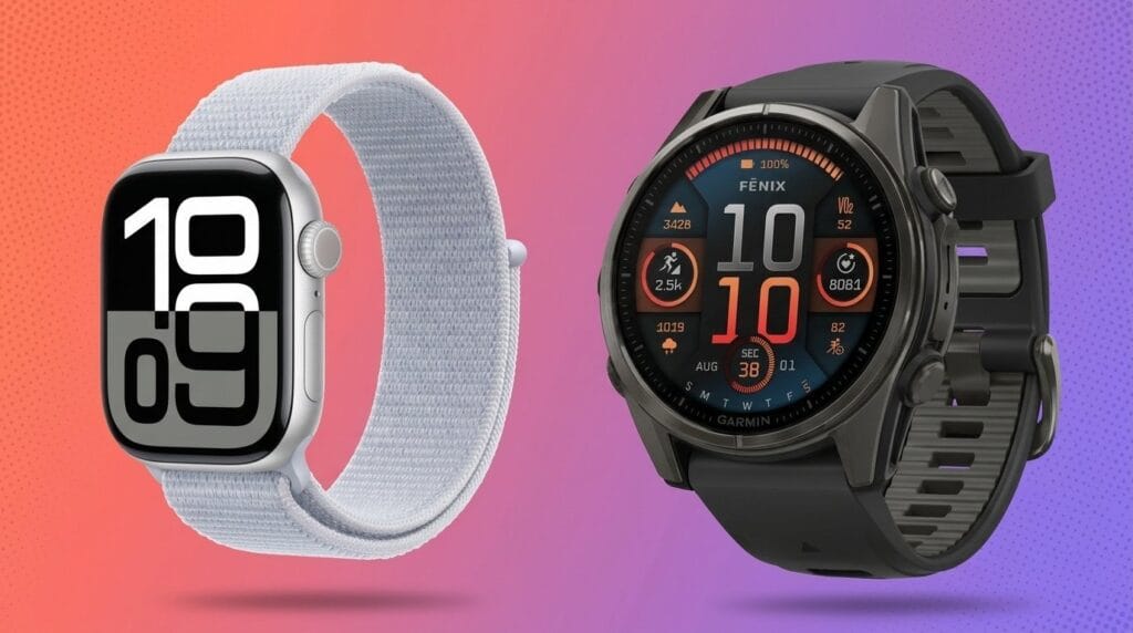 Apple Watch Series 10 and Garmin fenix 8 side by side on a gradient background, comparing smartwatch designs
