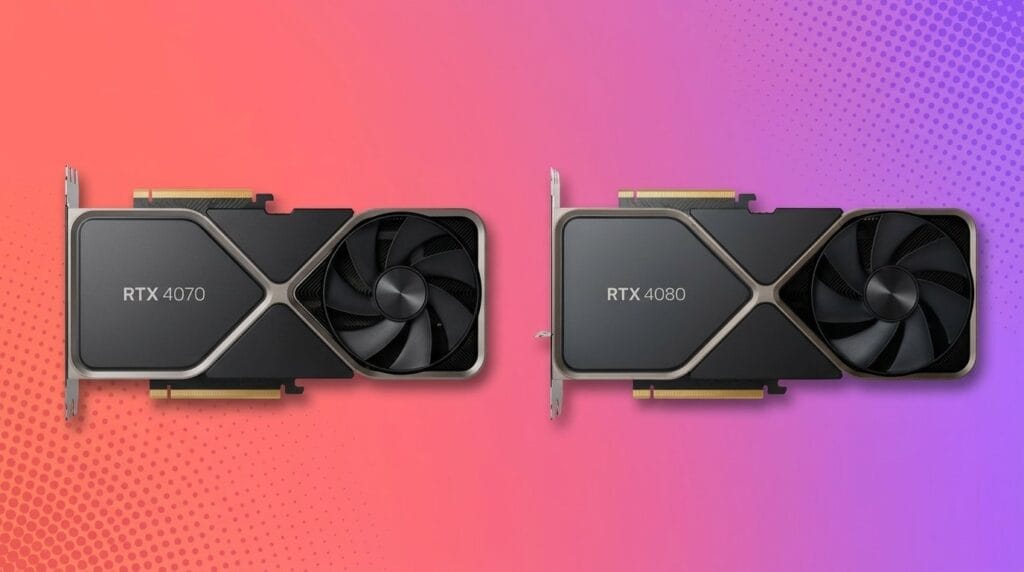 Side-by-side NVIDIA RTX 4070 and RTX 4080 graphics cards on a gradient background, comparing performance for 1440p.