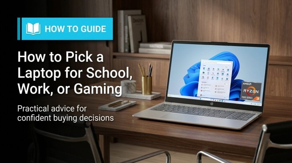 Laptop on a minimal desk for a guide on choosing one for school, work, or gaming