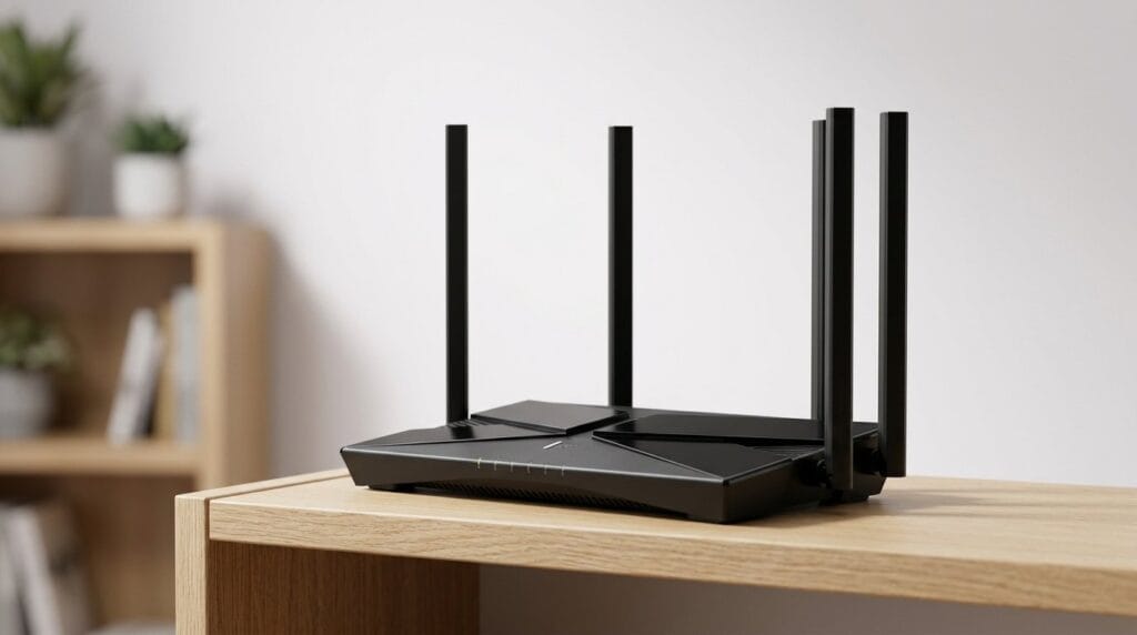 Black wireless router with four antennas on a wooden shelf in a modern home setting.