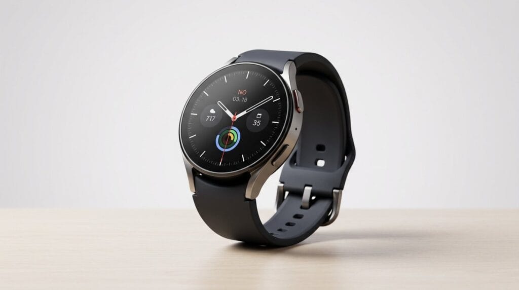 Sleek black smartwatch with round face showing fitness and time features on a minimal shelf.