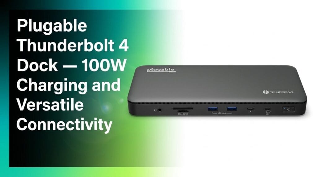 Plugable Thunderbolt 4 Dock featured product review image on a colorful gradient background.