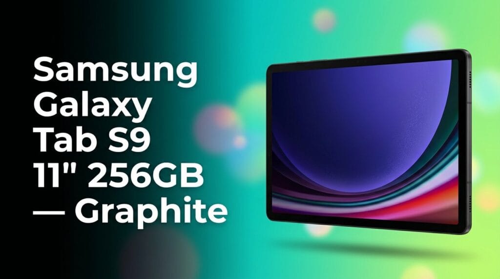 Samsung Galaxy Tab S9 11-inch 256GB tablet in Graphite on a minimal desk surface