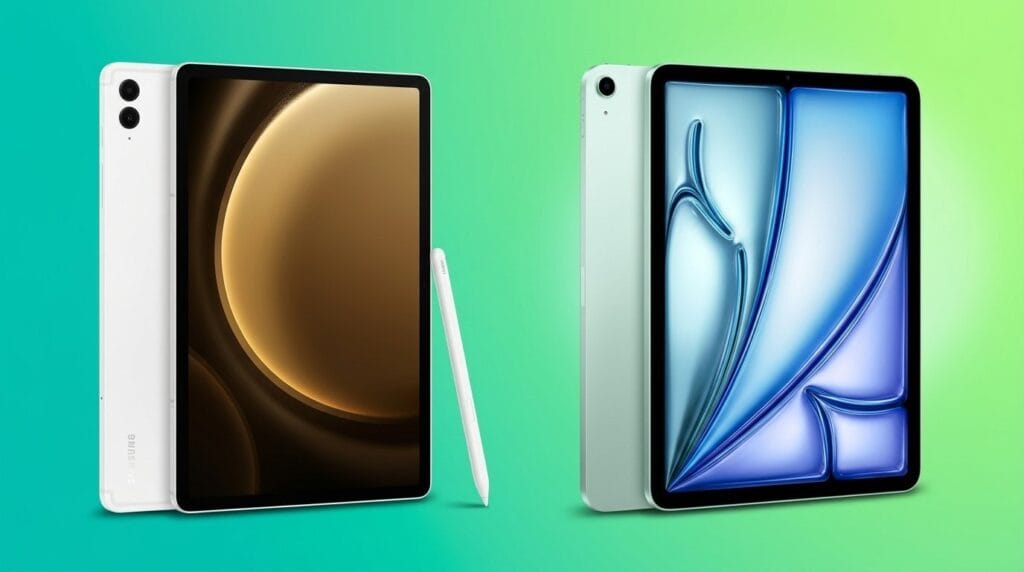 Side-by-side Galaxy Tab S9 FE+ and iPad Air M2 tablets with stylus pens on a gradient background