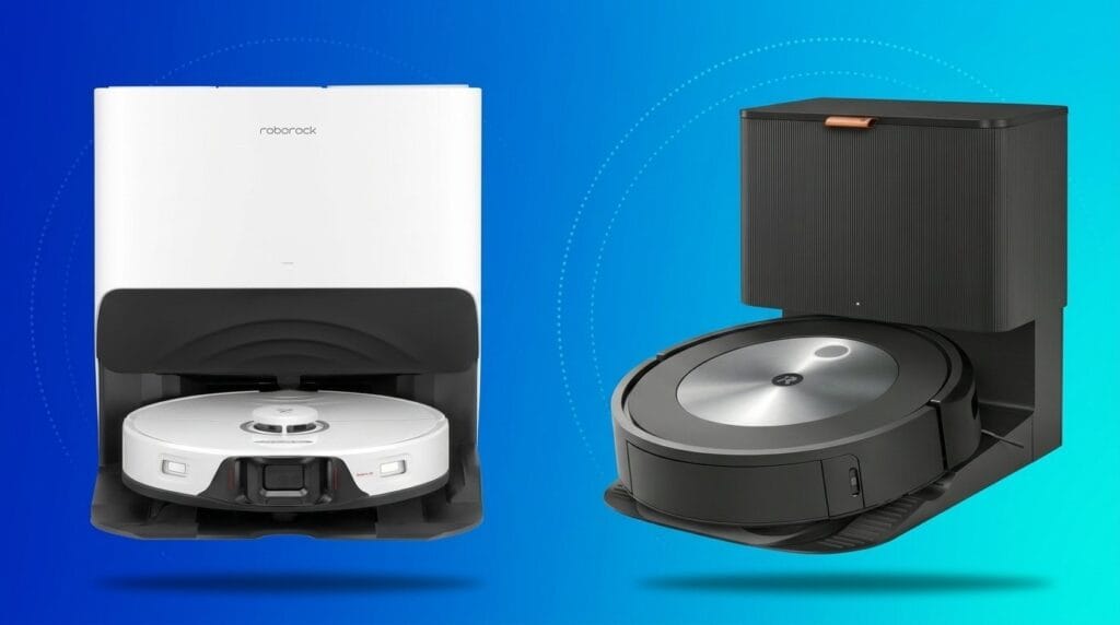 Roborock S8 Pro Ultra and iRobot Roomba j7+ robot vacuums with self-emptying bases on a blue background