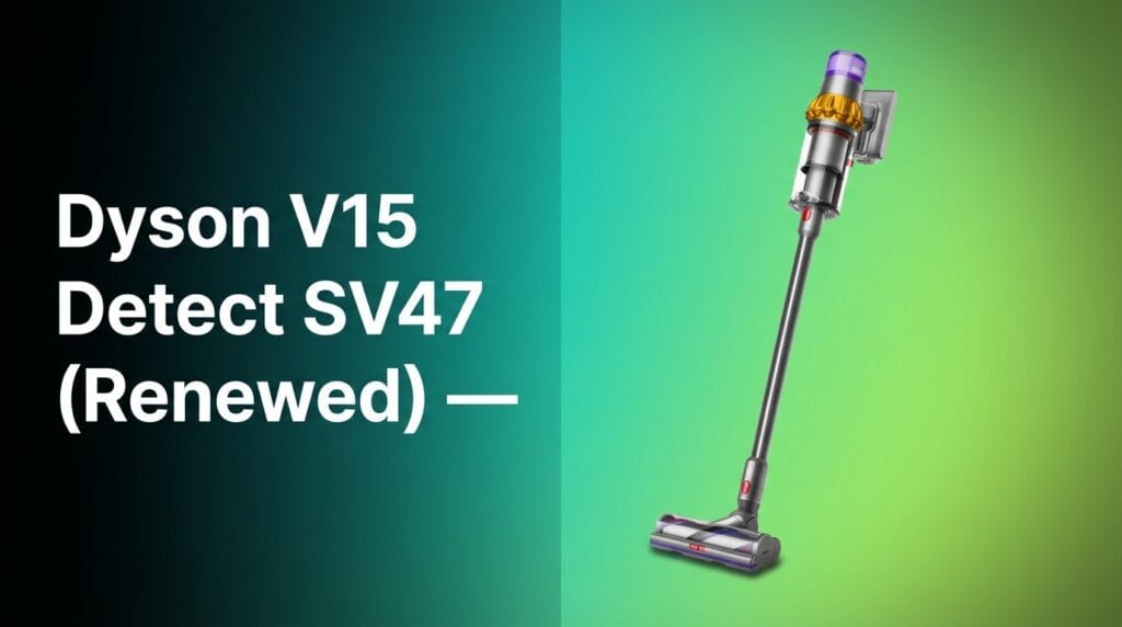 Dyson V15 Detect SV47 cordless vacuum in a bright living room, featured product review image