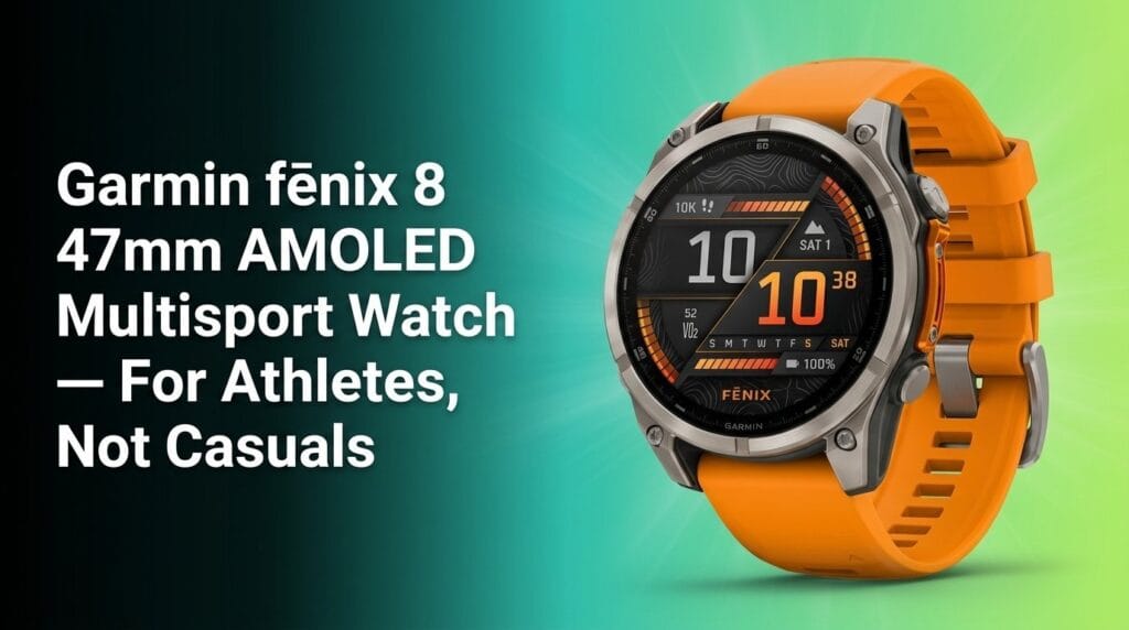 Garmin fēnix 8 47mm AMOLED multisport watch with orange band on a colorful studio backdrop