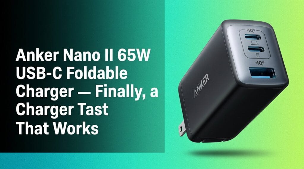 Anker Nano II 65W USB-C foldable charger on a colorful studio background