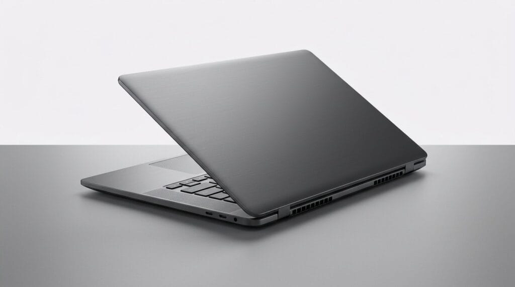 Sleek black laptop partially closed on a gray surface against a white background