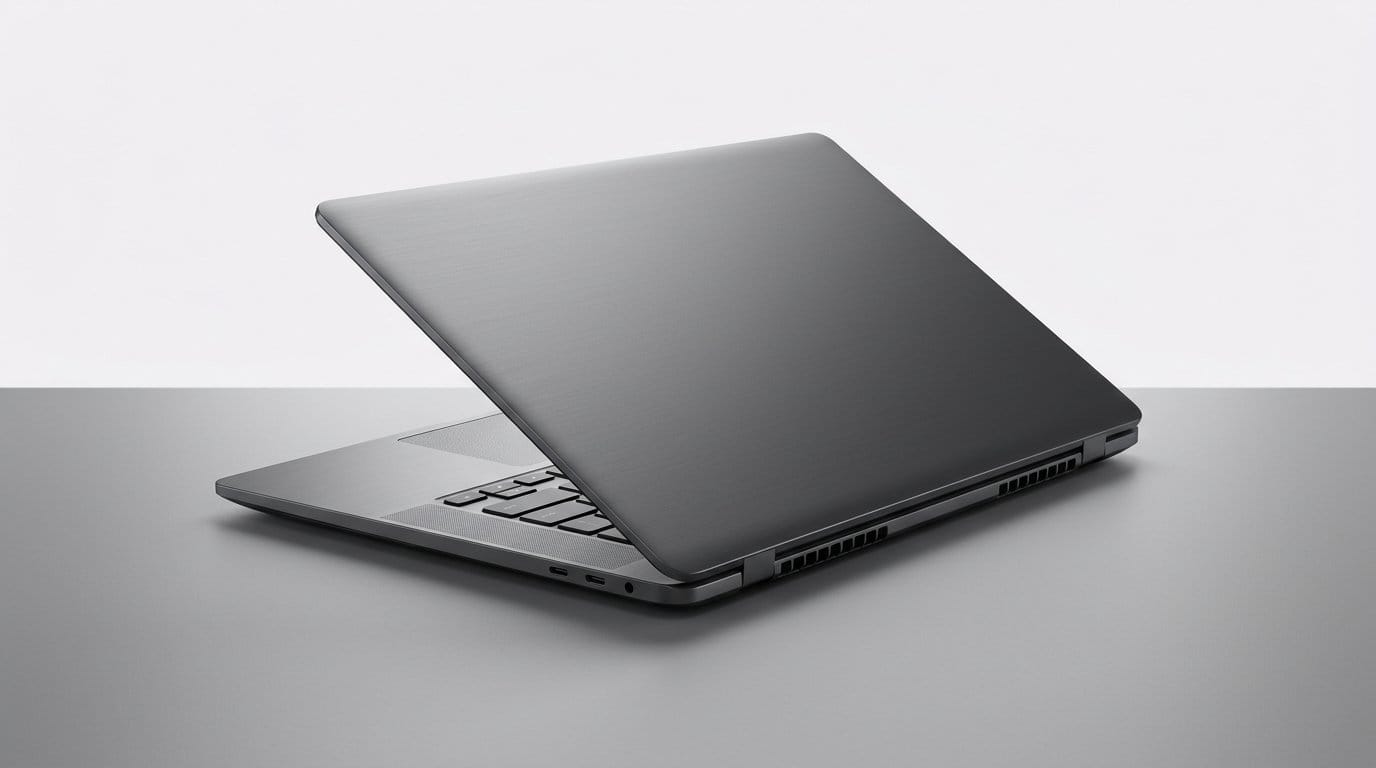 Sleek black laptop partially closed on a gray surface against a white background