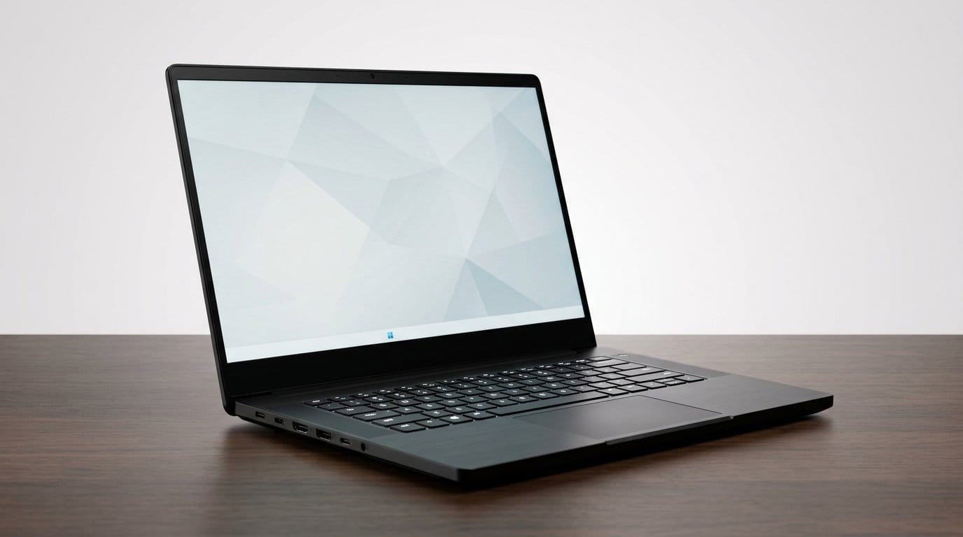 Sleek black gaming laptop with geometric patterned screen on a wooden desk, lit by soft directional light