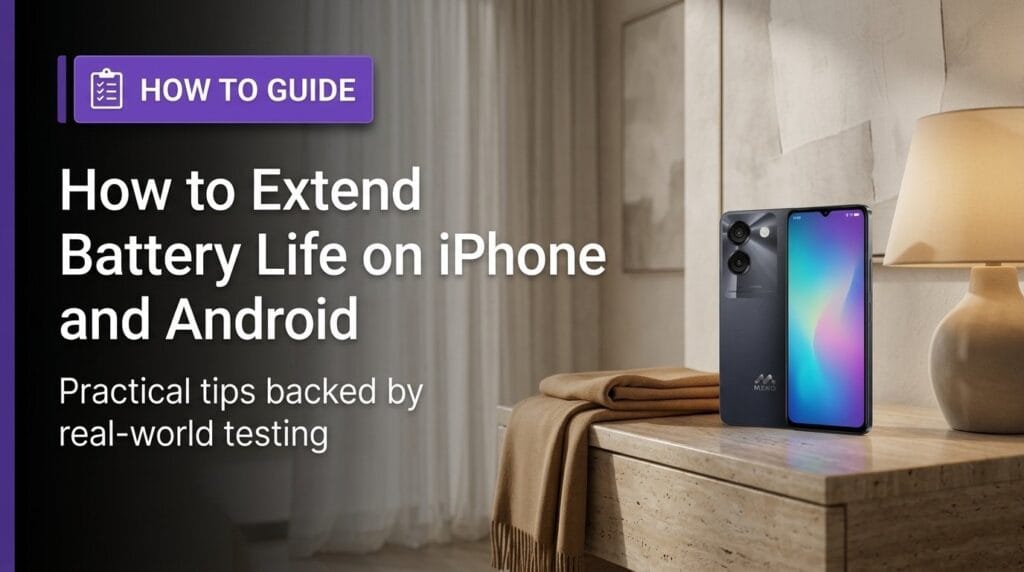 Smartphone on a minimal surface with soft directional light for a battery life guide