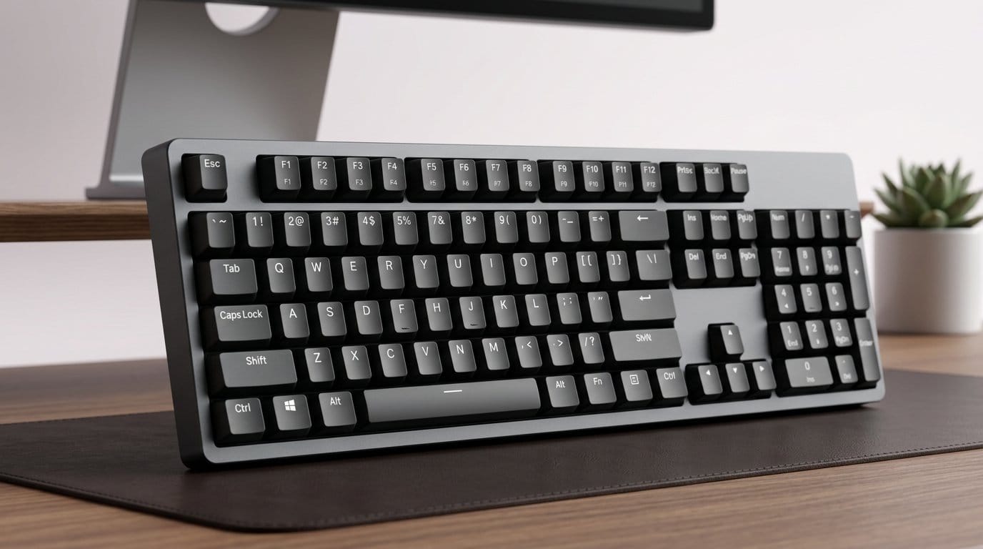 Mechanical keyboard on a clean desk with a monitor and plant in the background, soft studio lighting.