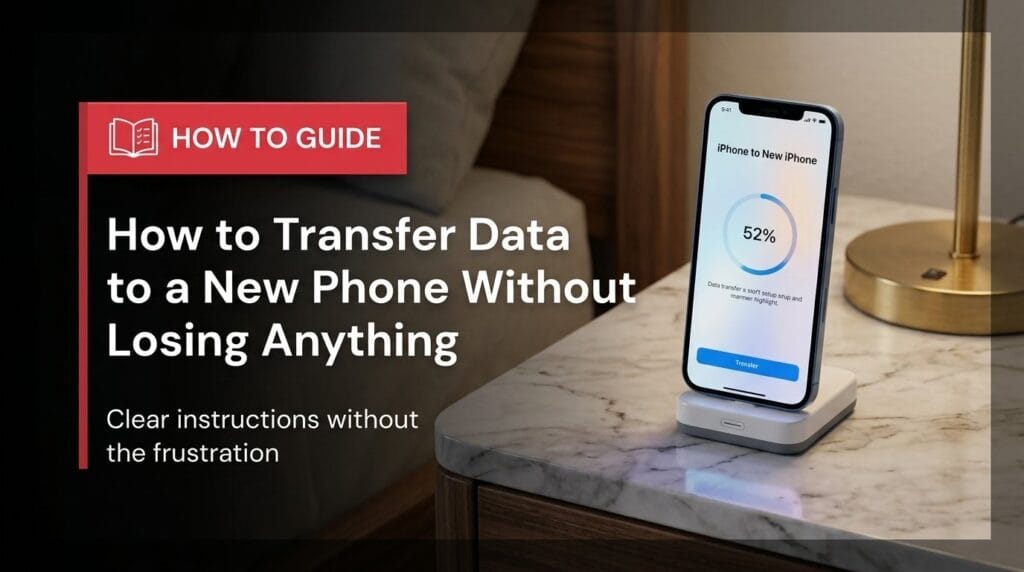 Two iPhones on a minimal surface, lit softly, for a guide on transferring data to a new phone