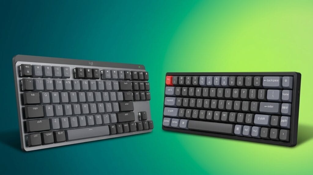 Two compact mechanical keyboards with dark keycaps on a green gradient background.