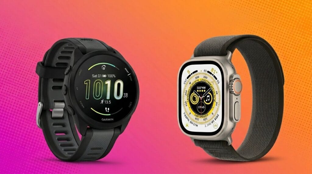 Side-by-side comparison of Garmin Forerunner and Apple Watch Ultra on a minimal surface with soft light.