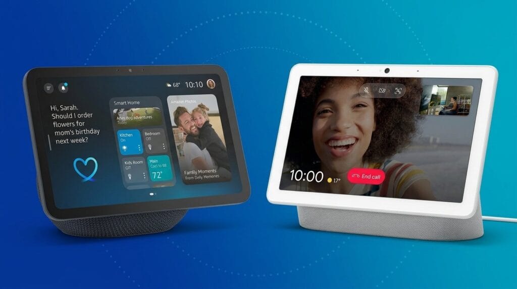 Echo Show 8 and Google Nest Hub Max on a blue background with video call and smart home controls