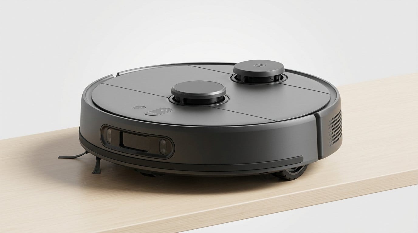 Black robot vacuum on a wooden surface against a white background