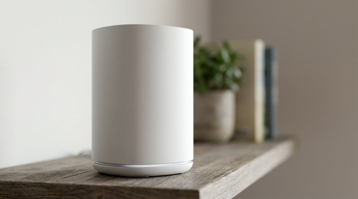 White smart speaker on a wooden shelf with soft light, for a Wi-Fi mesh systems guide