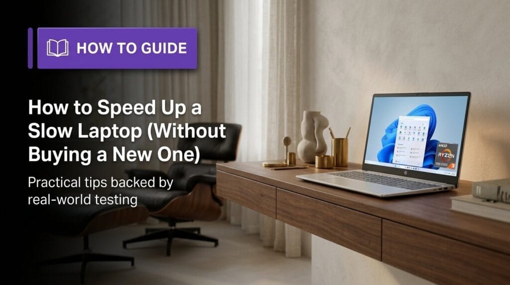 Laptop on a minimal desk for a guide on speeding up a slow laptop without buying a new one