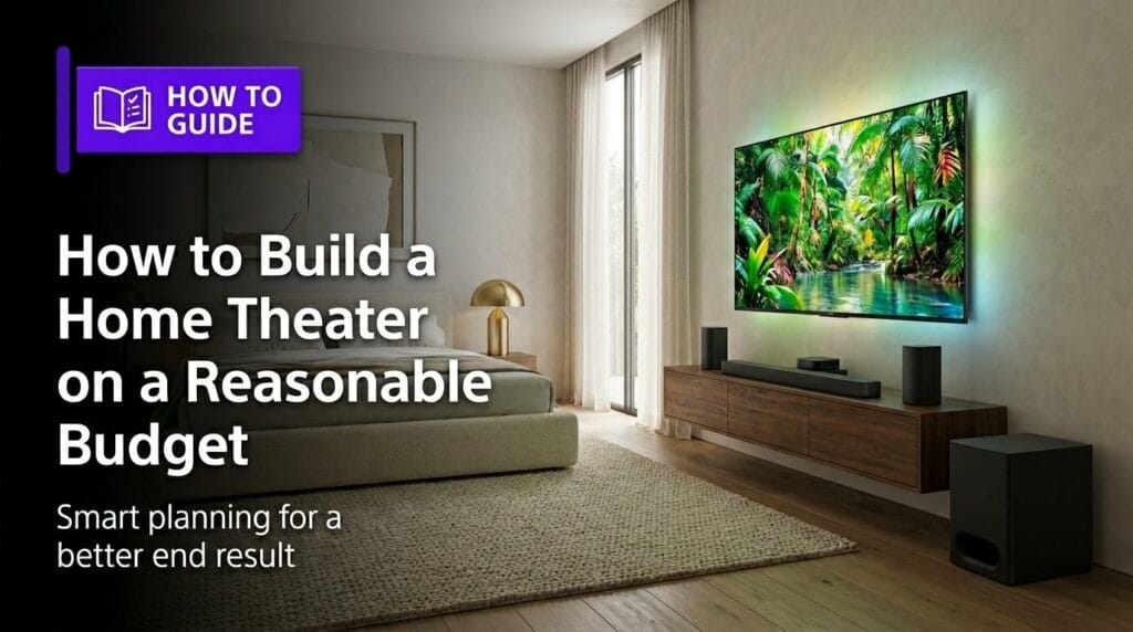 Modern living room with wall-mounted TV and budget home theater setup
