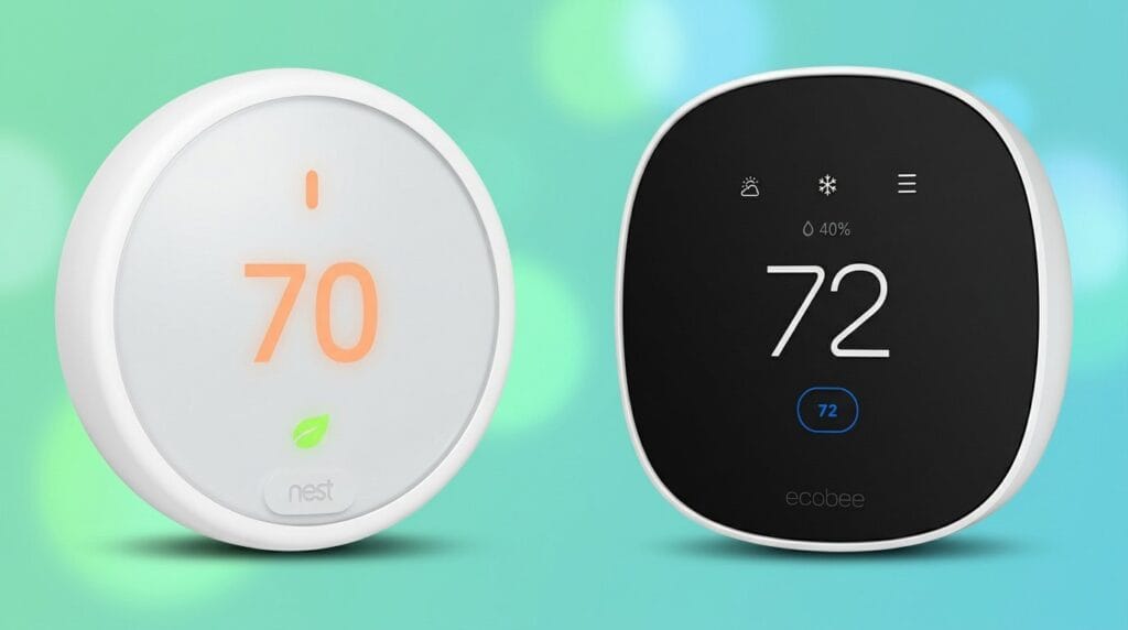 Side-by-side Nest and Ecobee smart thermostats showing different temperatures on a minimal surface.