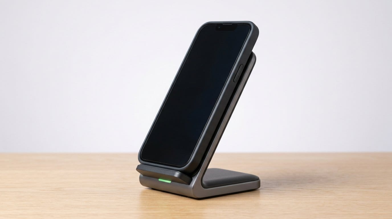 Wireless charging stand with smartphone on a wooden surface, lit by soft directional light.