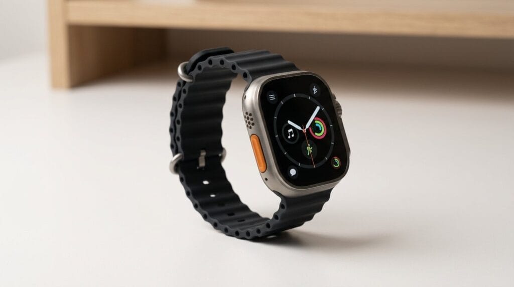 Modern smartwatch with black band on a light surface, featured image for a fitness trackers article