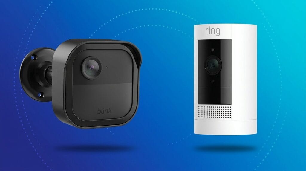 Black Blink Outdoor 4 and white Ring Stick Up Cam side by side on a blue background