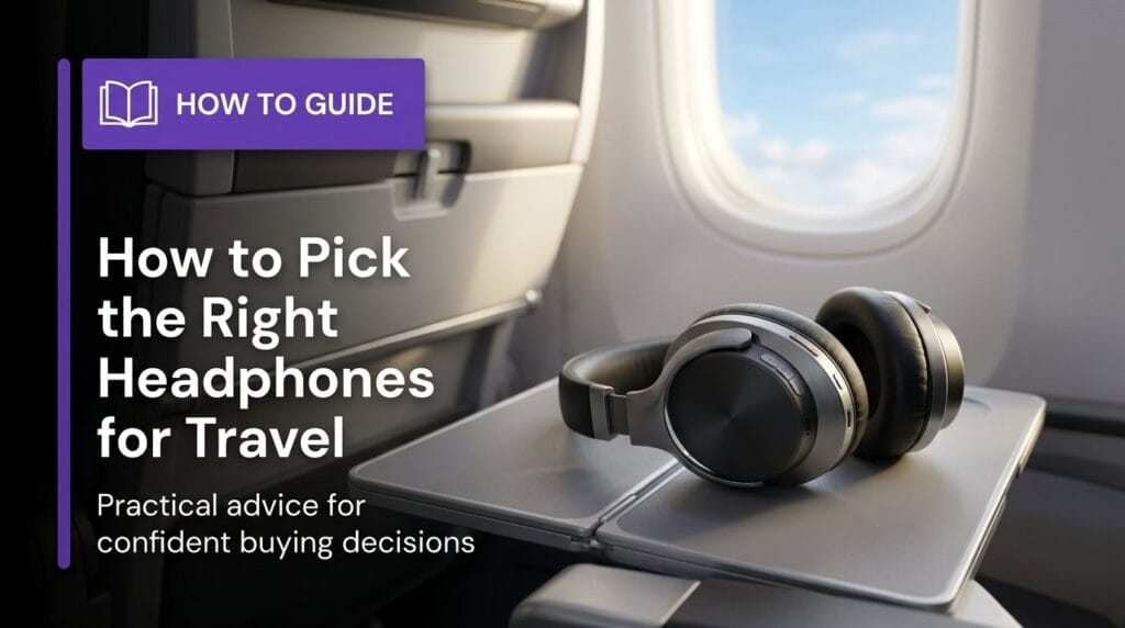 Wireless headphones on a clean desk with soft studio lighting for a travel headphones guide