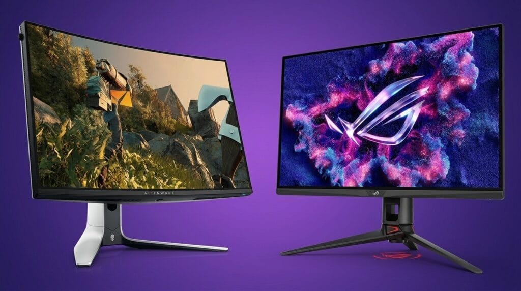 Alienware and ASUS ROG QD-OLED gaming monitors side by side on a purple background with vibrant displays