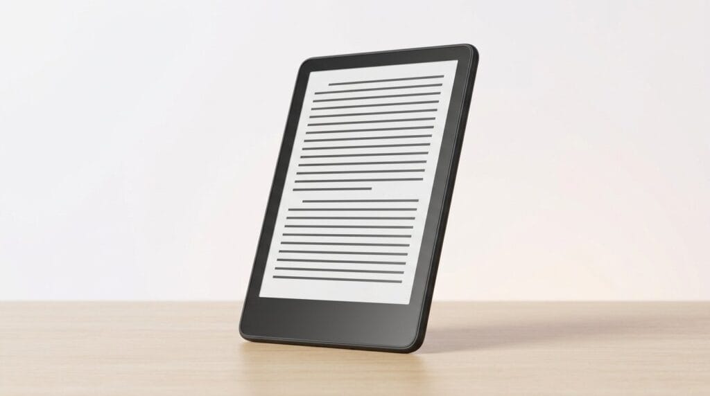 Black e-reader displaying text on a wooden surface against a plain background
