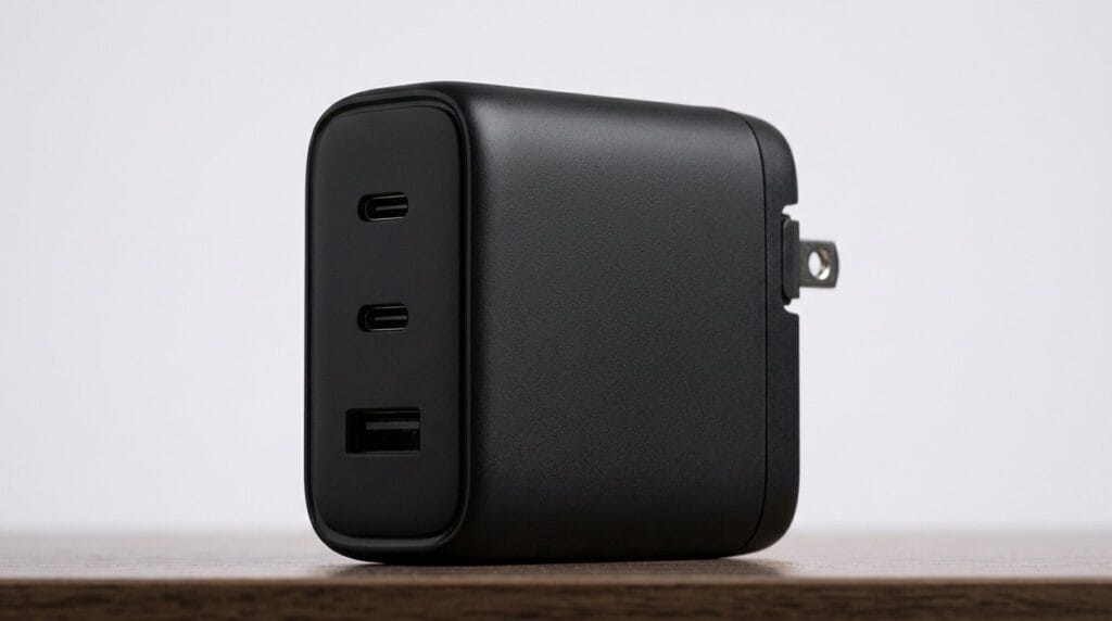 Compact black USB-C wall charger with multiple ports on a minimal shelf with soft directional light