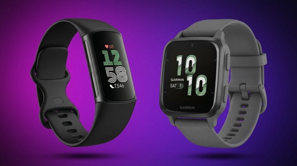 Two fitness smartwatches with colorful displays on a purple background, side by side