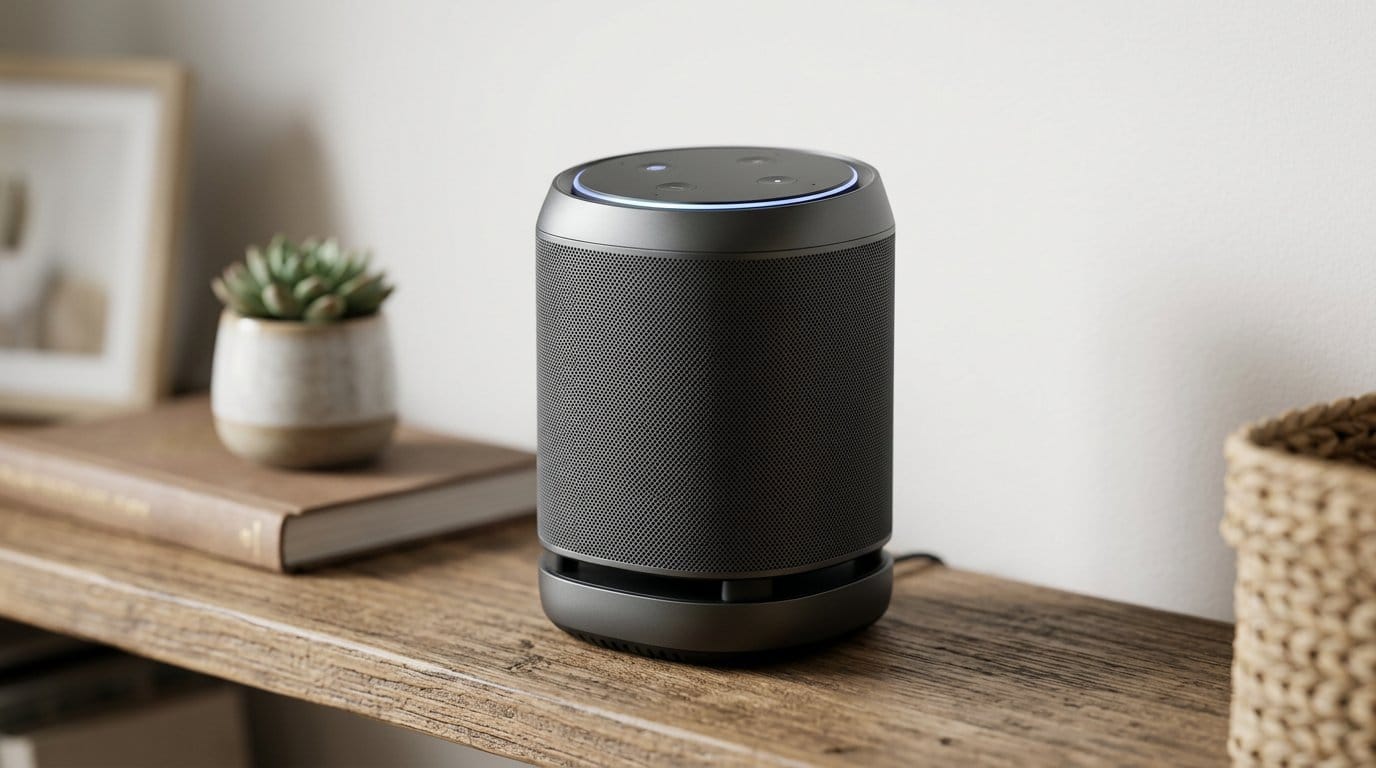 Black smart speaker on a wooden shelf in a modern home setting, featured image for a smart home hubs article