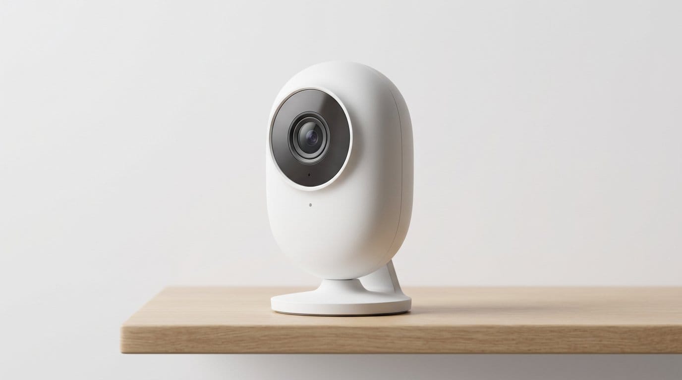 Compact white indoor security camera on a wooden shelf against a plain background, with soft directional light.
