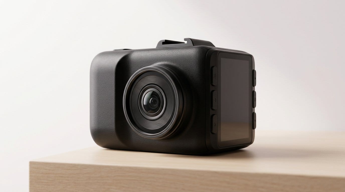 Compact black dash cam on a wooden surface against a plain background with soft directional light